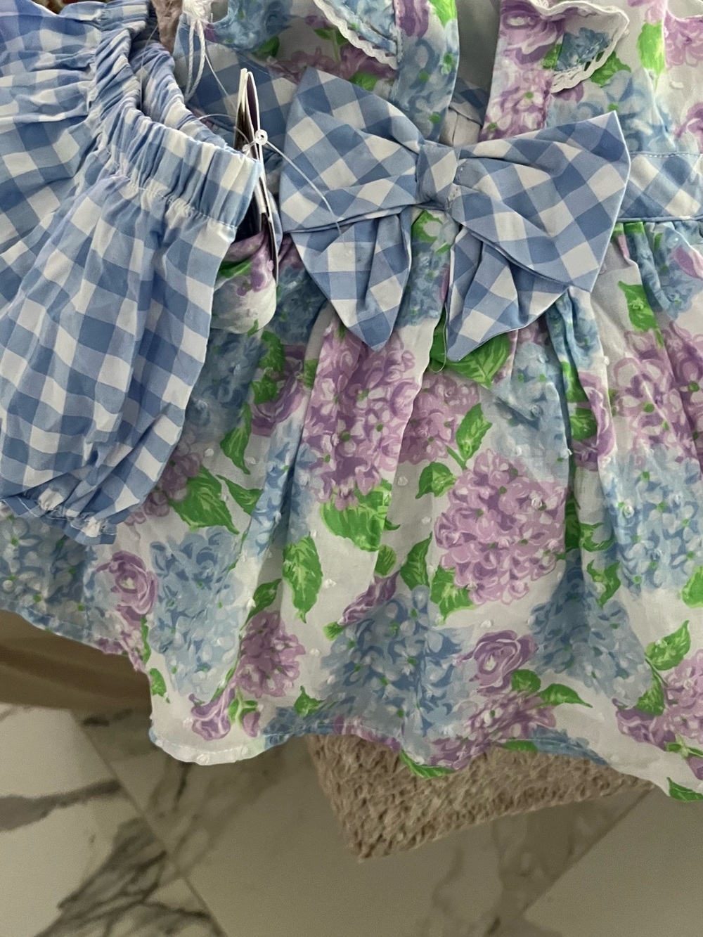 Tommy Bahama Girls Floral Dress with Blue Gingham Bow